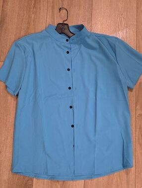 Source Unknown Short Sleeve Mandarin Collar Shirt - Turquoise Blue